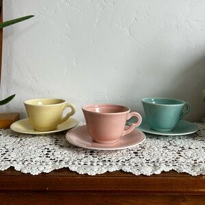 Set of Three Vintage Pastel Edwin M Knowles Semi Vitreous Teacups with Saucers